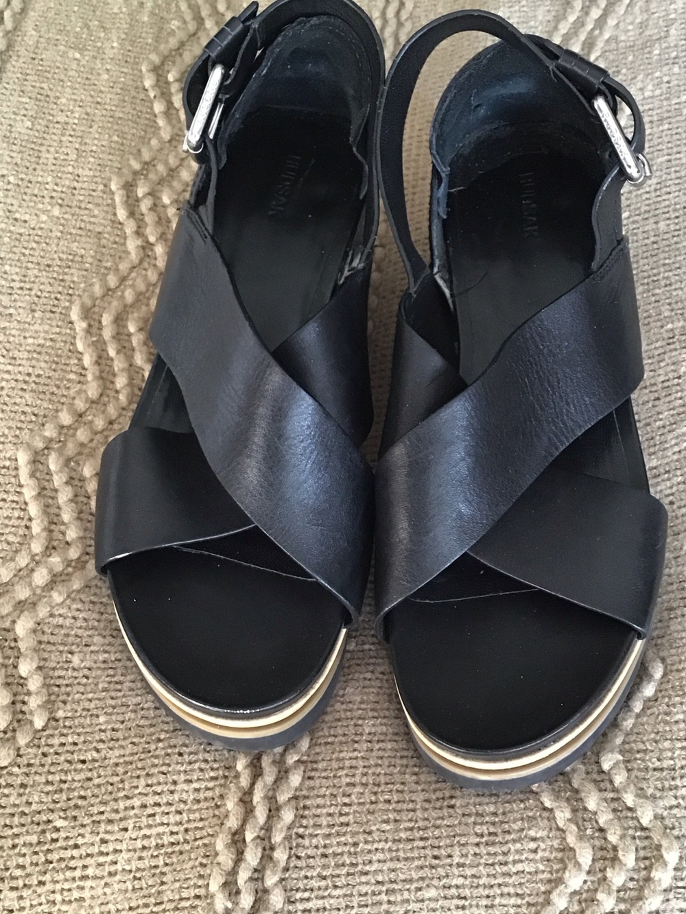 RUDSAK Black Leather Crisscross Platform Sandals with Gold Trim